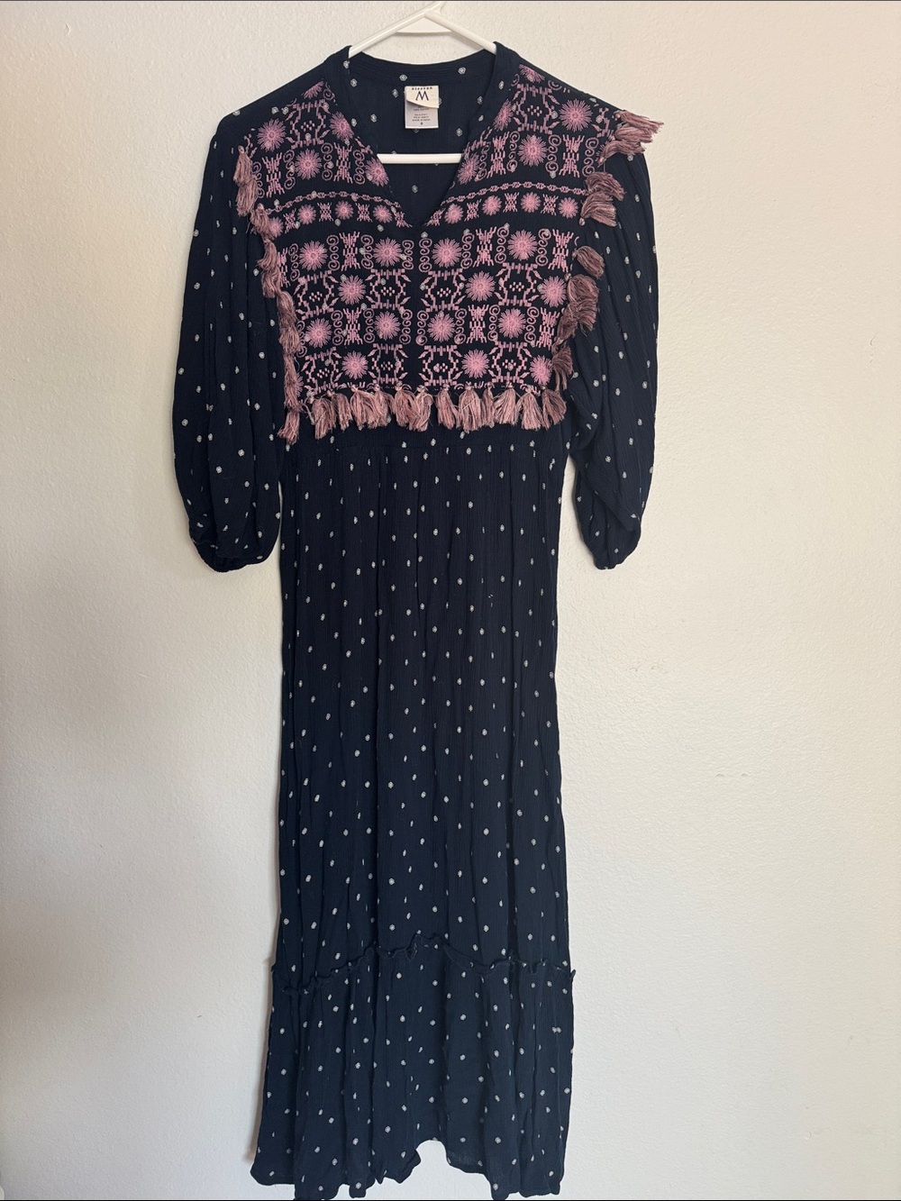 Misa Los Angeles Black Maxi Dress with Pink Embroidered Yoke and Fringe